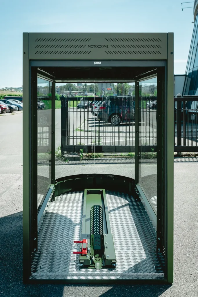 View into the interior of a MotoDome motorcycle garage